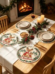 1/2/4pcs Christmas Placemats, Reindeer And Berry Elements, Round Design, Linen Material, Suitable For Christmas Decoration, Family Gatherings, Parties, Table Decor, Holiday Decor, Indoor Decor. - Multiple Styles - View 3