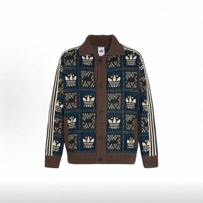 Adidas Originals Men Knit Cardigan, Button Down Lapel Collar 3 Stripes Jacquard Sweater Coat For Men Women