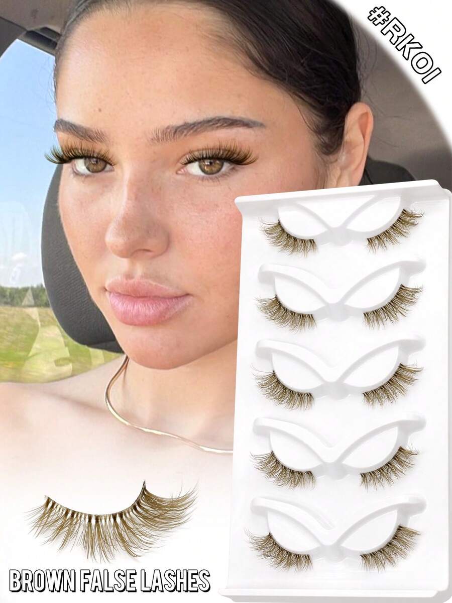 GROINNEYA 5 Pairs Light Brown Half-Length False Eyelashes, Natural Lightweight Style, Transparent Stem Cat Eye Half-Strip False Eyelashes, 3D Voluminous Fluffy Effect, Lightweight C Curl, Suitable For Daily Makeup, Halloween, Party, Extended Tail Design (RK01)