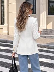 Women's Black And White Contrast Color Blazer, Black Patchwork Lapel With Gold Double-Breasted Buttons, Slim Fit Long Sleeve, Autumn Commute Office And Party Outfit - White - View 3