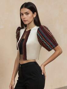 Modern Filipino Style Women's Blouse, Butterfly Sleeve, Spring/Summer Printed Stand Collar Petal Sleeve Colorblock Cardigan, Buwan Ng Wika - Apricot - View 6