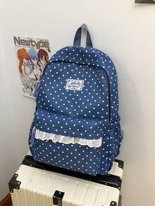 School Backpack + Ruffle Lace Polka Dot Backpack + Large Capacity & Side Pockets + Campus Shopping Trip + Cute Kawaii Nylon Student Daypack - Multicolor - View 14