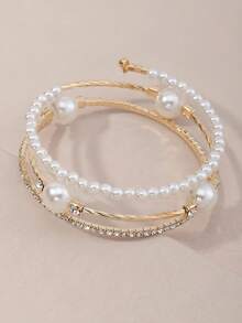 1pc Fashionable Exquisite Faux Pearl And Rhinestone Decorated Bracelet For Girls - Gold - View 2