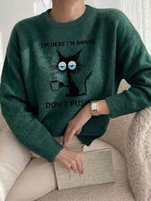 Women's Spring/Autumn Crew-Neck Long-Sleeve T-Shirt – Playful Text Print With Black Cat Graphic - Dark Forest Green - View 4