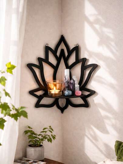 1pc Lotus Wall Mounted Display Shelf, Boho Spiritual Floating Corner Shelf, Sacred Flower Hanging Wall Shelf For Crystal Candle Holder, Meditation Room Altar Decor, Sacred Geometry Wall Decor For Bedroom Living Room Spiritual Zen Home Space Dec