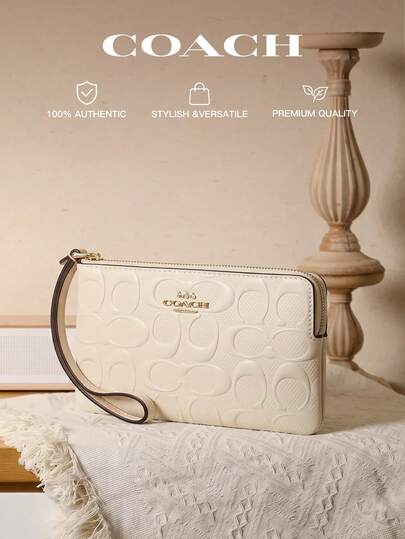 Coach Tas Clutch Bergaris Kanvas Ikonik dengan Resleting Bulat