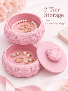 Pink Stackable Jewelry Box With Rose Lid, Embossed Bow Jewelry Organizer For Earrings, Necklaces & Bracelets, Round Trinket Storage Box For Vanity - Pink Flowers - View 3