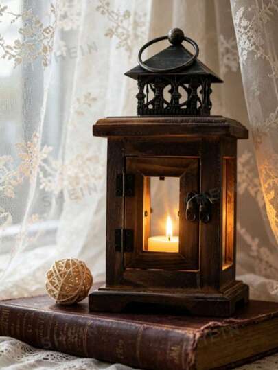 1 Peça Lanterna de Vela com Painel de Vidro Vintage, Suporte de Vela Estilo Retrô, Adequado para Decoração Interna e Externa, Centro de Mesa Estilo Campestre, Decoração de Pátio e Varanda, Perfeito para Casamentos, Festas e Decoração Doméstica, Aparência de Grão de Madeira Desgastada