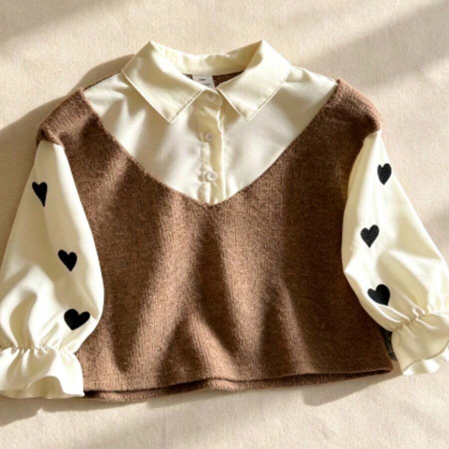 2026, Camisa de cuello 2 en 1 estilo coreano preppy hada atlética con bordado de corazón y bloques de color para niñas, uso diario de campus otoño/in - Multicolor - Ver 1