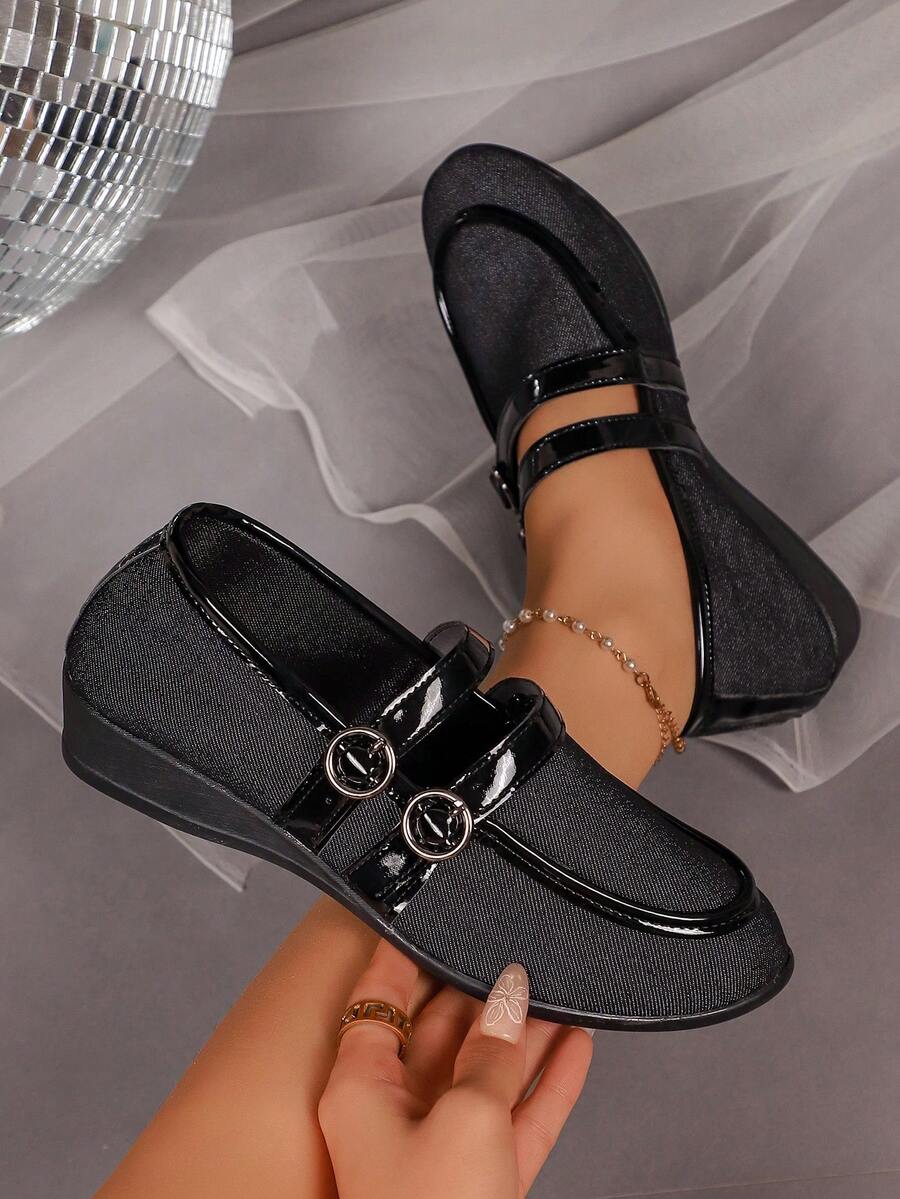 1 Pair Women's Black Mary Jane Wedge Pumps, Double Buckle Shiny Strap Decor, Soft Fabric Material, Round Toe Comfortable Soft Sole, Vintage Commuter Style, Suitable For Office Work Commute Outfit, Autumn New Arrival - Black - View 1
