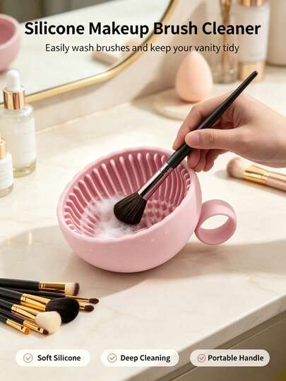 2/1pc Portable Silicone Makeup Brush Cleaning Bowl With Cleaning Mat - Foldable Travel Size, Odorless Suitable All Makeup Brushes (Face, Eye, Blush), Supplieshalloween,Wedding,Christmas,Room Decor,Bathroom Decor,Home Essentials