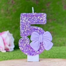 1pc Sparkling Purple Glitter Candle With Luxury Bow Decor, Birthday Party Wedding Decoration - Light Purple Bow Tie - View 10
