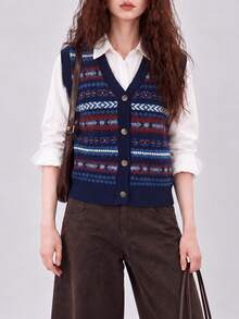 Women's Autumn/Winter Vintage Pattern V-Neck Cardigan Vest - Navy Blue - View 4