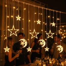 1 buah Lampu Tirai Peri LED Bintang dan Bulan Putih Hangat dengan Dekorasi Gantung Bercahaya, Cocok untuk Karnaval, Pernikahan, Pesta, dan Acara Keluarga - Lampu Tirai Bulan Merangkul Bintang - Bintang Besar - View 6