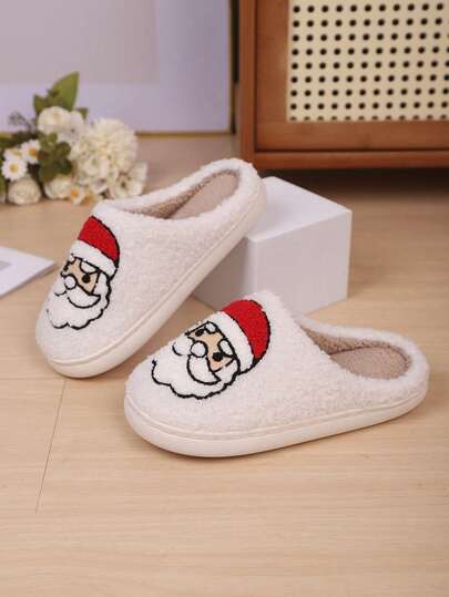 Kids Lovely Santa Embroidered Fuzzy Slippers, Round Closed Toe Thick Non-Slip Sole Warm Christmas Indoor House Footwear