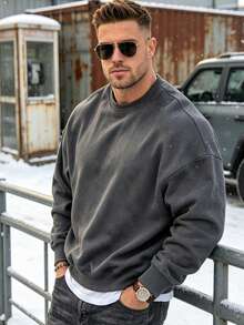 Men's Thermal Lined Sweatshirt, Fashionable Sports Crew Neck Top, Suitable For Daily Wear, Exercise And Vacation, Great Gift For Husband - Dark Grey - View 4