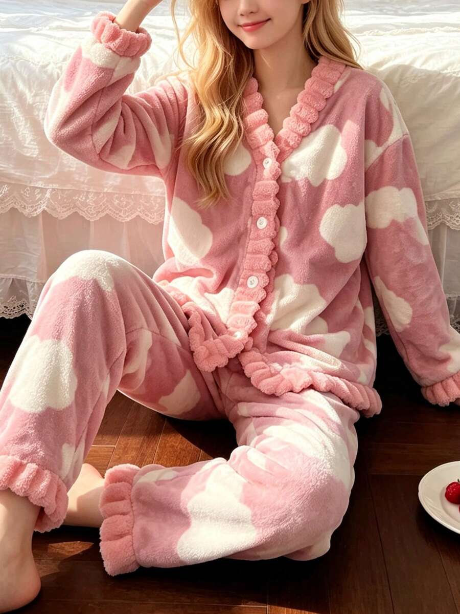 Autumn/Winter Girls Pink Flannel Cloud Print Long Sleeve Long Pants Pajama 2-Piece Set, Soft & Warm Fabric, Casual Home Wear - Pink - View 1