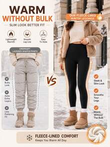 Women's Fleece Lined High Waist Tummy Control Warm Leggings, Elastic Slim Fit Autumn/Winter Daily Wear Pants - Black - View 3