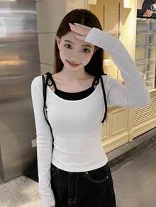 Minimalist Layered Lace-Up Crew Neck T-Shirt, 2 In 1 Top - White - View 3