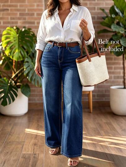 Celana Jeans Wanita Ukuran Besar Warna Biru dengan Potongan Lebar, Detail Kancing, Panjang, Bahan Sedang Elastis, Cocok untuk Dipakai di Musim Gugur