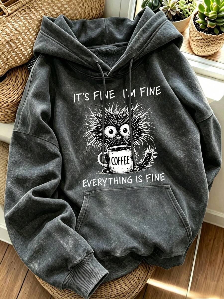 Women's Vintage Washed Grey Sweatshirt, Distressed Cat Holding Coffee "Everything Is Fine" Letter Print Drawstring Pocket Casual Streetwear Top - Black - View 1