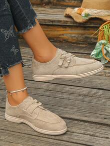 Women's Vintage Double Buckle Casual Shoes, Faux Suede Matte Upper ...