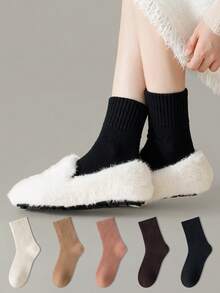 ZUJO 3 Pairs Women's Ribbed Terry Mid-Calf Socks, Thickened Long Warm Socks, Versatile Soft Comfortable, Suitable For Spring Autumn Winter Sports And Daily Wear, Random Color - Multicolor - View 1