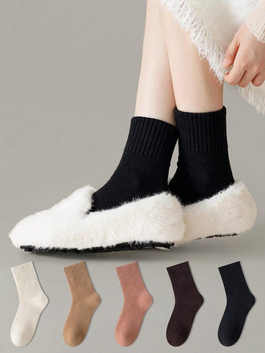 ZUJO 3 Pairs Women's Ribbed Terry Mid-Calf Socks, Thickened Long Warm Socks, Versatile Soft Comfortable, Suitable For Spring Autumn Winter Sports And Daily Wear, Random Color - Multicolor - View 1