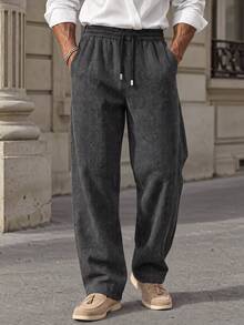 Men Fall Vintage Dark Grey Herringbone Wide Leg Pants, Elastic Waist Drawstring Relaxed Trousers With Pockets, Business Daily Holiday Bottoms - Dark Grey - View 5
