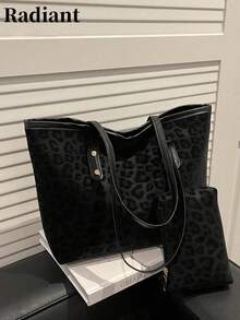 2pcs Large Capacity Leopard Print Faux Leather Tote Bag, With Dual Handles, Ideal For Commuting, Work Or School.,Business Professional Women - Black - View 1
