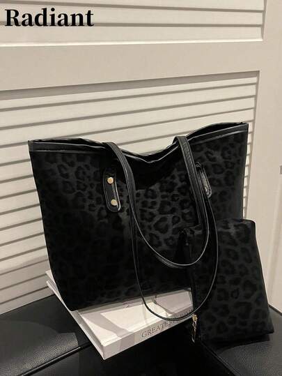 2pcs Large Capacity Leopard Print Faux Leather Tote Bag, With Dual Handles, Ideal For Commuting, Work Or School.,Business Professional Women
