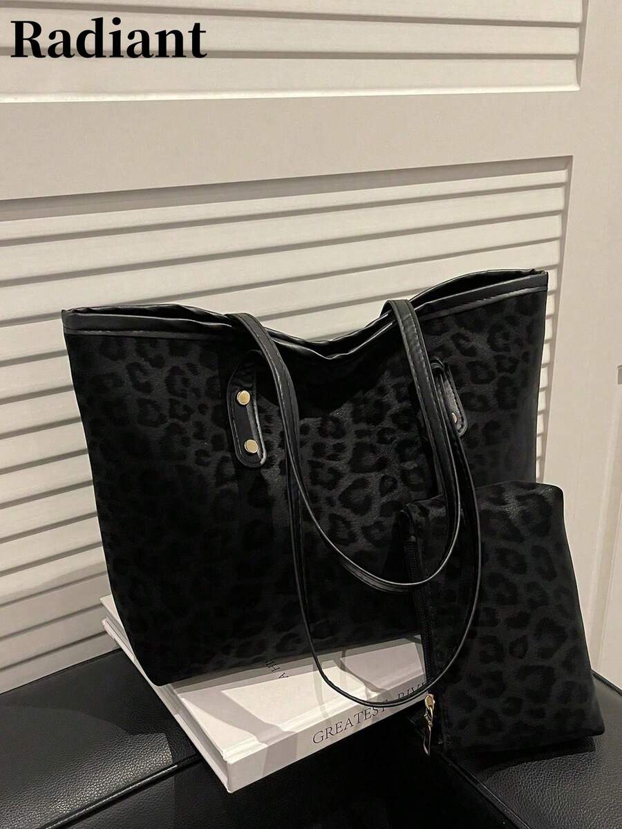 2pcs Large Capacity Leopard Print Faux Leather Tote Bag, With Dual Handles, Ideal For Commuting, Work Or School.,Business Professional Women - Black - View 1