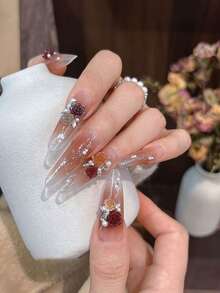 Maillard Camellia Pearl Mixed Nail Art Decor, 3D Embossed Rose Flower Nail Decoration - Multicolor - View 2