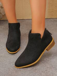 Women's Comfortable Round Toe Suede V-Cut Back Zipper Low Heel Black Ankle Boots Casual Style Autumn/Winter New Daily Wear - Black - View 4