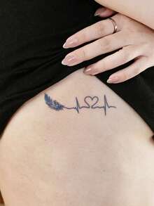 1pc Herbal Juice Semi-Permanent Magic Tattoo Sticker, Feather Heart ECG Pattern, Long-Lasting 14 Days, Non-Fading, Non-Reflective, Temporary Tattoo Sticker For Arm, Waist, Abdomen And Body - Blue - View 3