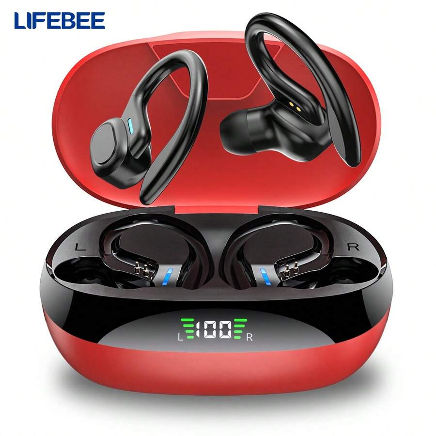 LIFEBEE 无线耳机，适合跑步和健身，入耳式无线耳机，带降噪麦克风，运动耳机，耳挂式设计，立体声入耳式耳机，带 LED 显示屏和充电盒