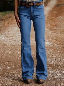 Women's Fashion Back Pocket Embroidered Flare Stretch Jeans Casual Spring Fall - Medium Blue - View 2