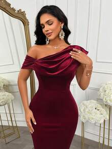 AIJ Robe midi élégante d'automne en velours bleu royal à une épaule, col drapé, dos nu, fente, robe de soirée ajustée, convient pour invitée de mariage, soirée - Rouge foncé - Voir 8