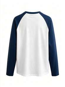 Plus Size Colorblock Raglan Long Sleeve Crew Neck T-Shirt, Casual Collegiate Style Baseball Shirt, Suitable For Daily Wear - Navy Blue - View 9