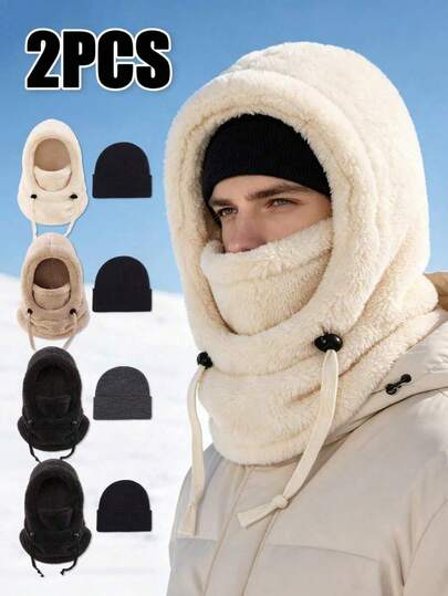 2pcs Winter Fleece Balaclava Set, Warm Cold-Proof Hooded Scarf Mask With Knitted Beanie, Comfortable Warm Cold-Proof For Outdoor Travel Daily Wear, Designed For Young People, Ideal For Outdoor Activities, Christmas, Thanksgiving, Vintage Party And Street Style, Perfect Gift And Birthday Present For Friends