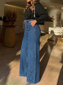 Women's Casual Elegant Lightweight Wide Leg Denim Jeans With Drawstring Waist And Pockets, Long Non-Stretch Boho Style Pants For Fall - Dark Wash - View 2