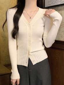 V-Neck Design, Thin Button, Long Sleeve, Striped Underarm Sweater, Women's Cardigan, Autumn/Winter, Back To School Season - Apricot - View 3