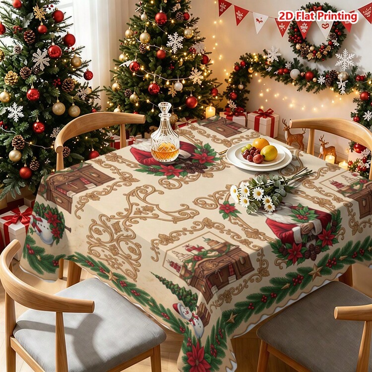 1pc Christmas Themed Tablecloth With Santa Claus, Snowman, Pine Tree, Poinsettia, Gift Box, Holiday Wreath And Golden Scroll Border Pattern, Suitable For Kitchen Dining Table Setup, Restaurant Decoration, Picnic Camping, Party Scenes, Farmhouse Style Accents, Desktop Beautification And Holiday Atmosphere Creation - Multicolor - View 9