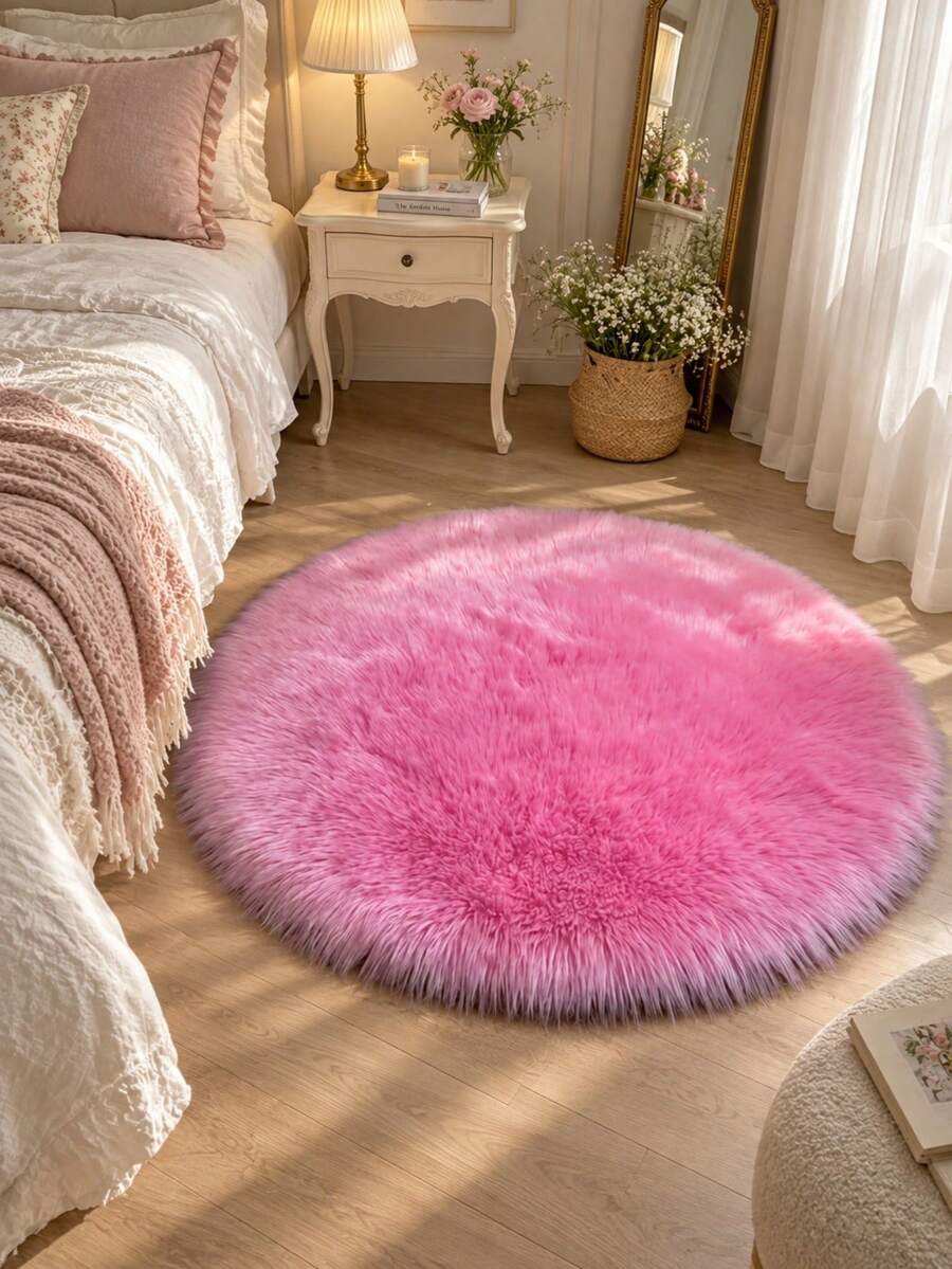 1pc Ins Style Plush Round Carpet, Soft Fuzzy Rug For Bedroom Living Room, Suitable For Christmas, Thanksgiving And New Year Decoration, Comfortable For Bedroom, Living Room, Bathroom Or Kitchen Home Decor - Hot Pink - View 1