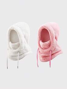 1/2 Pcs Unisex Thick Fluffy Faux Fur Integrated Hood Scarf Balaclava, Drawstring Adjustable Full‑Cover Thermal Hooded Neck Gaiter - Multicolor - View 17