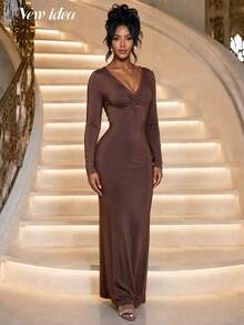 NEW IDEA Women Sexy Elegant Brown Fall Winter Maxi Dress, V Neck Open Back Slit Bodycon For Cocktail Party Gown - Brown - View 5