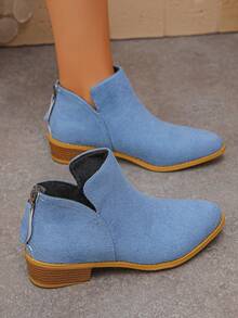 Women's Comfortable Round Toe Suede V-Cut Back Zipper Low Heel Blue Ankle Boots, Casual Style, New Autumn/Winter Daily Wear - Blue - View 3