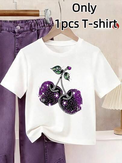 Cute Purple Cherry Rhinestone Pattern T-Shirt For Girls And Boys, Round Neck Short-Sleeve Casual Fruit Print T-Shirt, Children's Summer Fashion Shiny