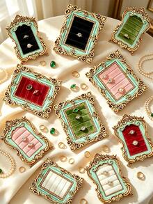 1pc New Gold Carved Mint Green Vintage Resin Scroll Velvet Jewelry Storage Box, Vintage Frame Scroll Ring Tray, Necklace & Earring Display Stand, Home Decor Artwork, Holiday Gift, Jewelry Tower, Earring Rack, Jewelry Organizer, Classic Jewelry Prop - Multicolor - View 4