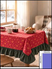 1pc Red Background Gold Christmas Bell Snowflake Print Tablecloth, Traditional Country Style, Rectangular Green Leaf Edge With Pleated Details, Stain-Resistant Protective Tablecloth For Home Long Table, Suitable For Christmas Family Gatherings And Winter Holiday Dining Room Decor - Red - View 17
